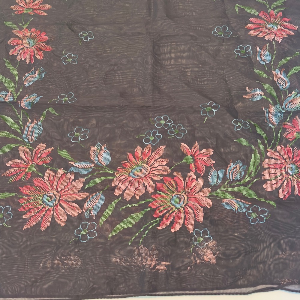 Vintage Floral Scarf Black Sheer Pink Flower Print Oblong 39x19 Rectangle